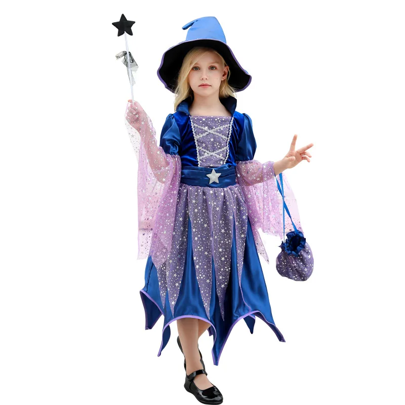 Kids Witch Costume Children Halloween Purim Carnival Party Magician Cosplay Costume Girls Spirit Princess Dress With Hat Bags