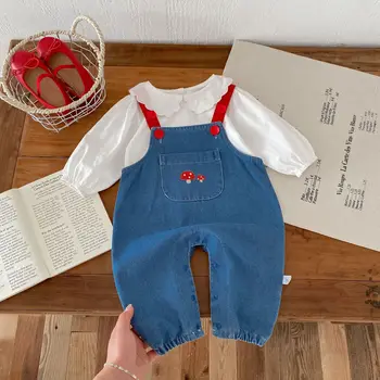 0-2 Years Autumn Baby Girls 2Pcs Clothes Set Mushroom Embroidery Patched Denim Overalls Solid Shirt Suit Newborn Girls Outfits