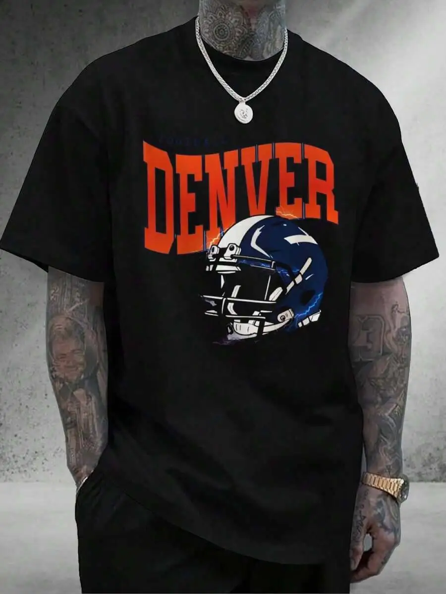 Men's Denver Football Team Helmet T-Shirt - Unisex Tee With Official Mascot Logo Bold Lettering, All-Season Comfort Fit 100%
