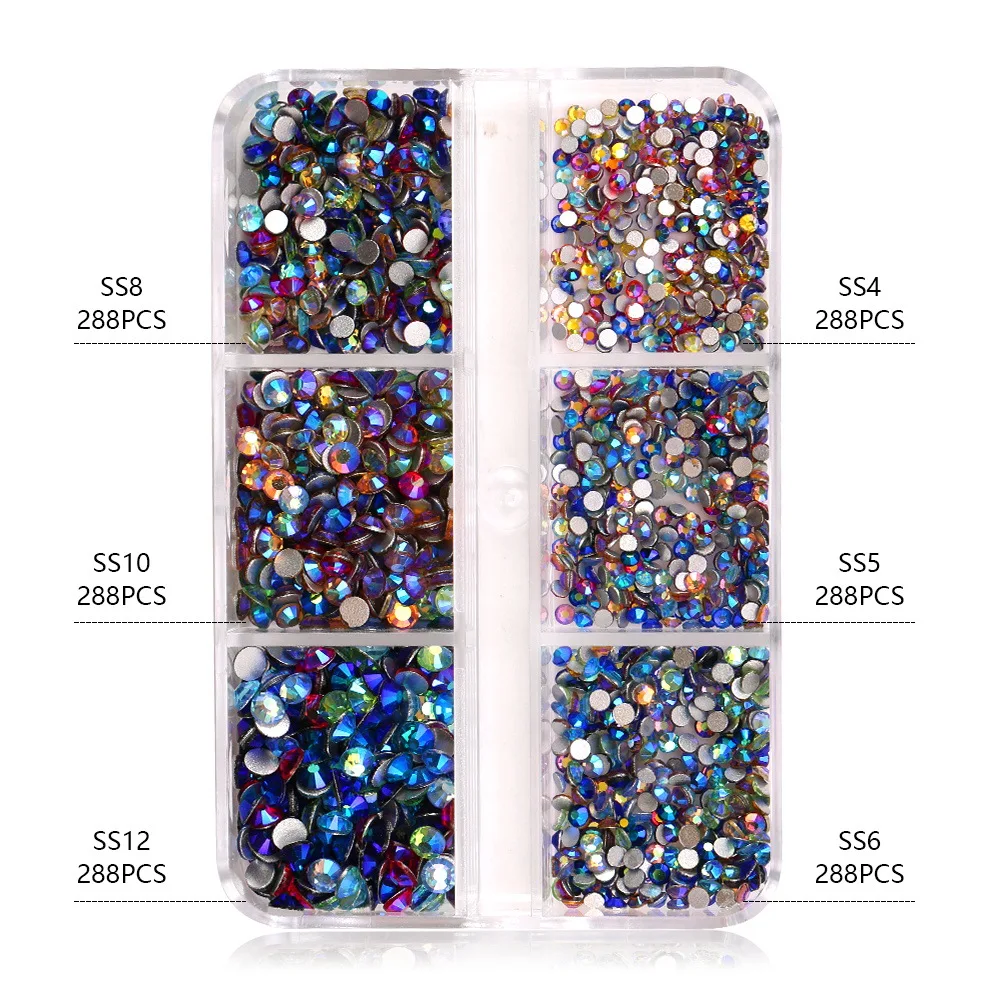 

Mix Colors AB 6 Grids Round Glitter Nail Accessories Rhinestones Small Nail Art Supplies and Decorations Gems Bulk Wholesale