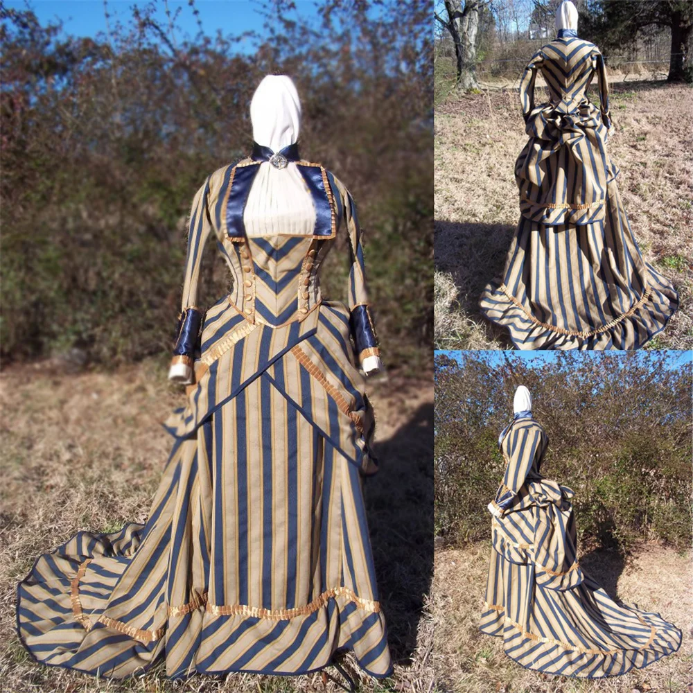 

1870s Historical Gothic Steampunk Victorian Stripe Civil War Southern Belle Costume Tea Gown Reenactment