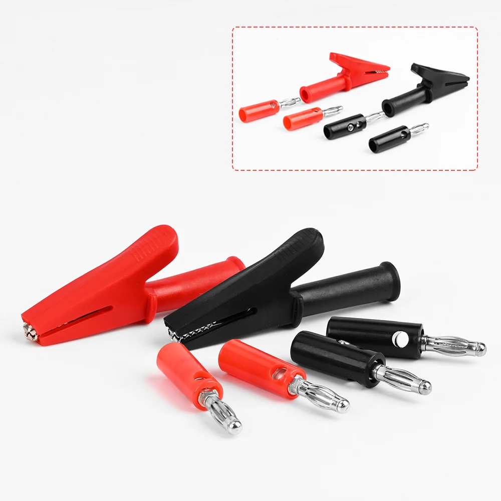 

6 шт./компл. 55 мм зажим типа «крокодил» + штекер типа «банан», тестовый зонд с 4-миллиметровыми зажимами для кабеля «банан» красный + черный тестовые аксессуары