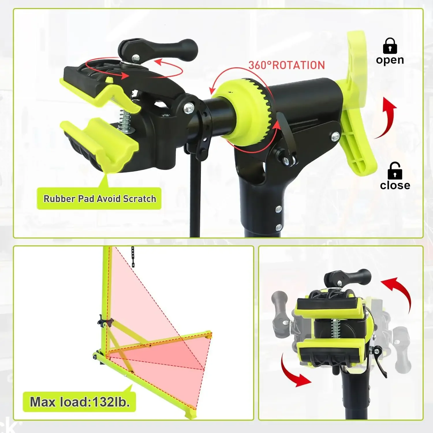 Soporte de reparación de bicicletas (máx. 132 libras) - Soporte de bicicleta plegable para mantenimiento de bicicletas de carretera y de montaña, soporte de reparación de bicicletas para E-bi