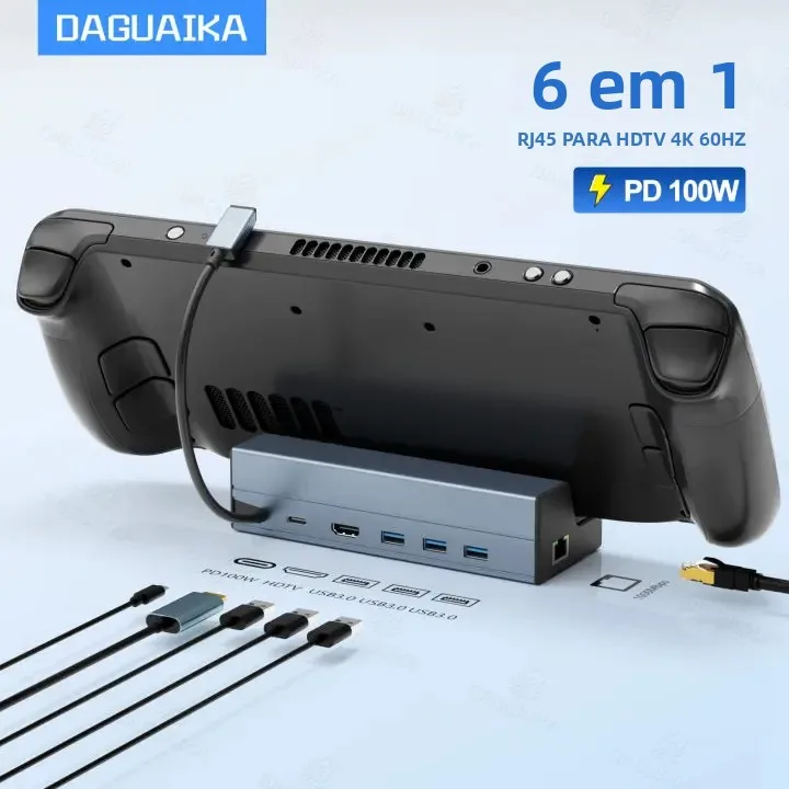 Steam Deck Dock 6 em 1 Steam Deck/Rog Ally 2023 Docking Station Stand 3 * USB 3.0 HDTV 4K @ 60Hz Gigabit Ethernet PD 100W Hub
