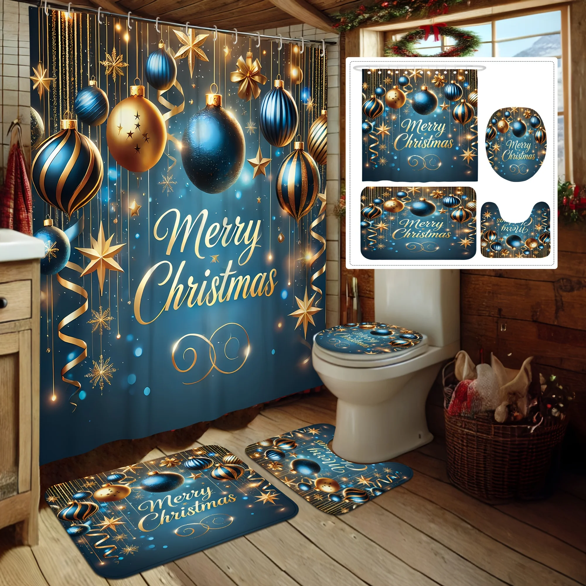 

Рождественский набор для ванной из 4 предметов — синий золотой шар, занавеска для душа, 12 крючков, нескользящий коврик, U-образная крышка, праздничный декор