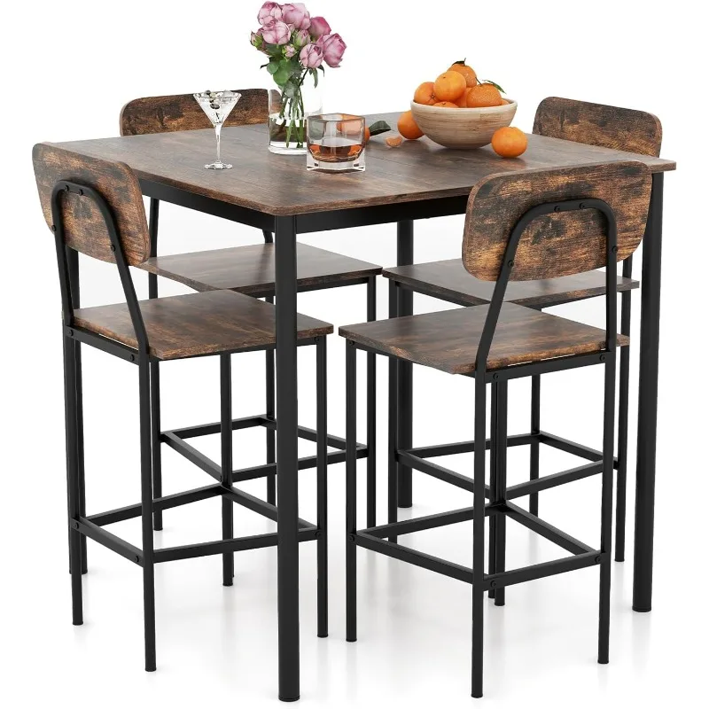 

Dining Table Set W/Counter Height Table & Bar Stools Industrial Kitchen Dining Set W/Footrest & Backrest Space-Saving Dinette