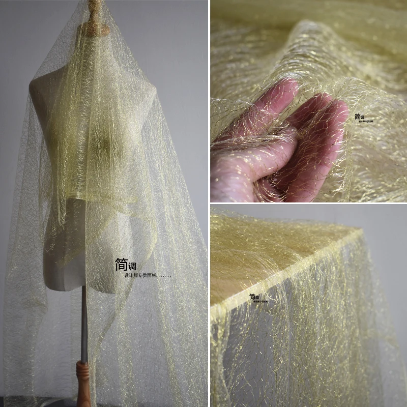 

Gold Thread Hollow Mesh Veil Fabric Wedding Dress Designer Fabric
