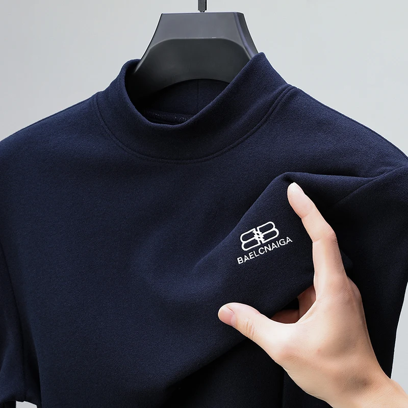 High-End Luxury Designer Men's T-shirt Mock Neck Letter Print Velvet Long Sleeve Korean Fashion Trend Autumn Winter Men's Wear