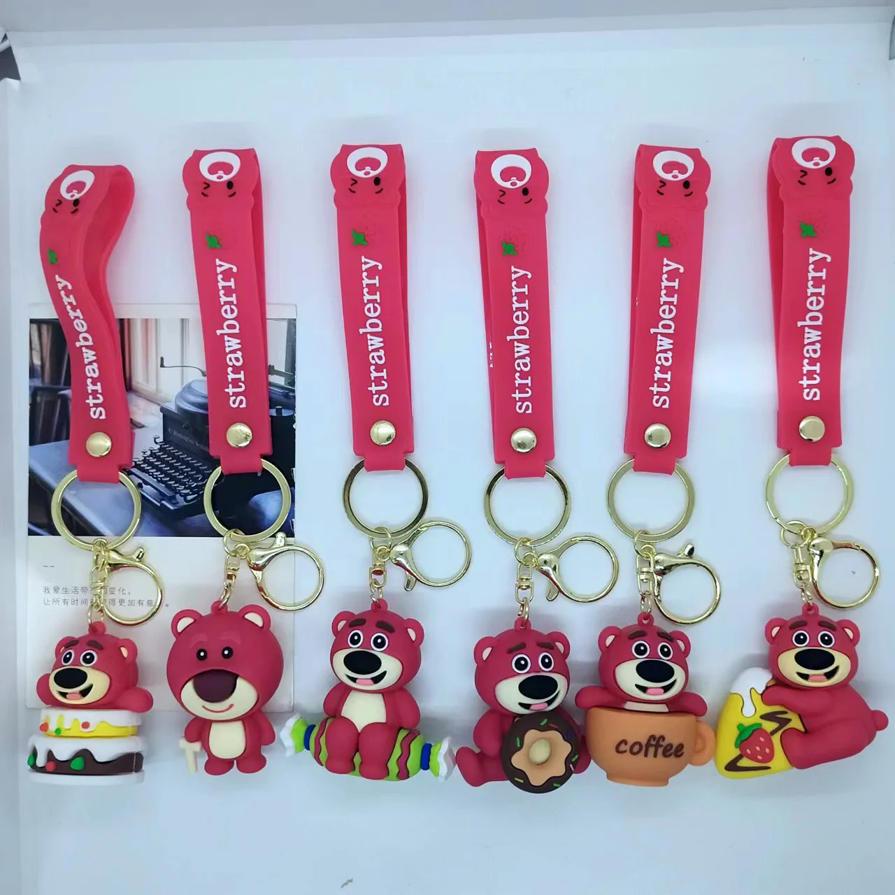 

New Creative Cartoon Greedy Strawberry Bear Keychain Bag Car Keychain Accessories Wholesale Kawaii Cute Personalized Gifts Y2k