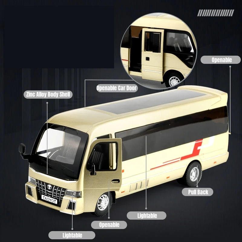 1:32 Toyota Coaster Coach Van Toy Car Model Diecast Alloy Lexury Bus Miniature Pull Back Collection Gift For Children Boys Kid