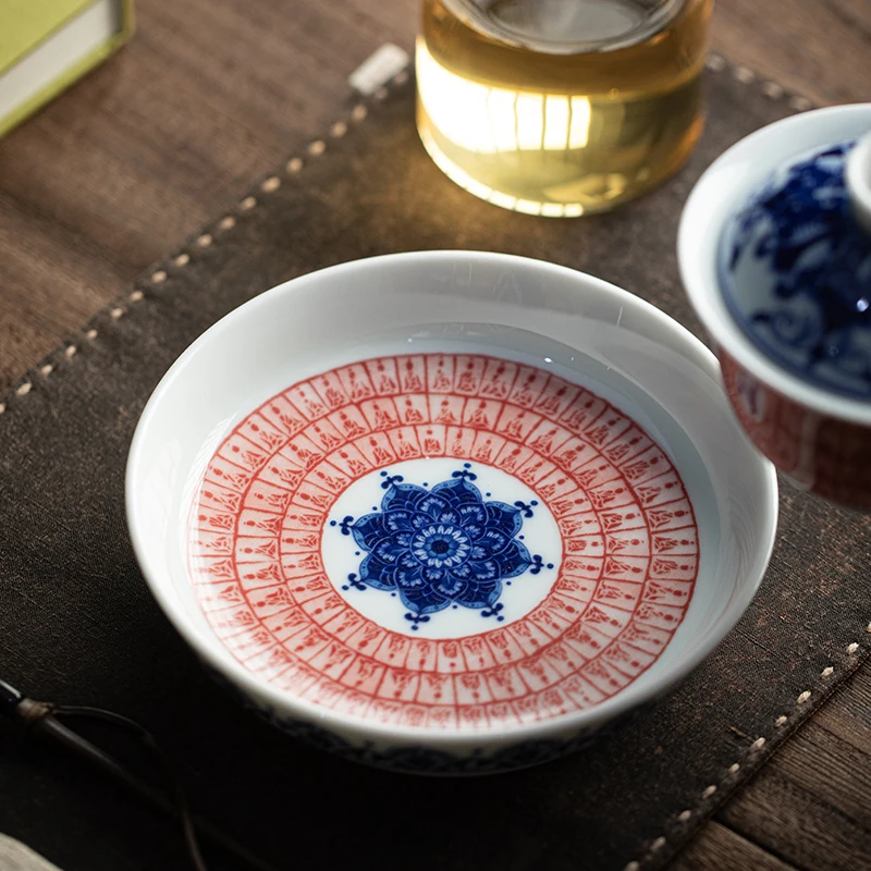 

Сине-белый фарфоровый чайный поднос, подставка для чайника из фиолетовой глины в стиле Дуньхуан, набор для сухого чая, чайная чаша, поднос, традиционный китайский стиль