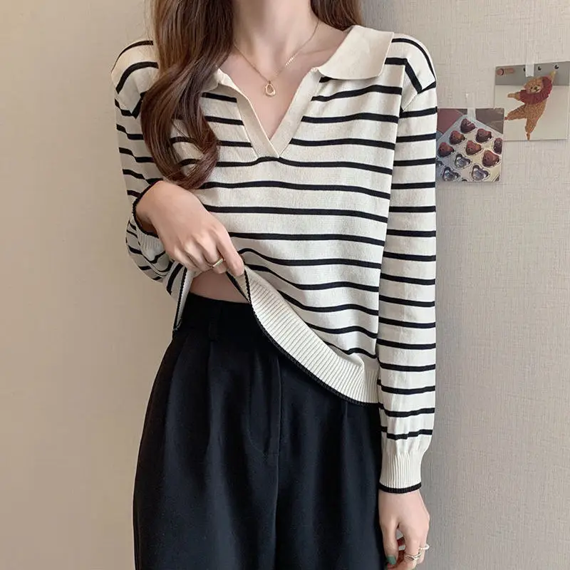 Korean Simple Loose Striped Long Sleeved Knit Polo Shirt Women's Lapel Panelled Patchwork Design Sense Slim Versatile V-neck Top