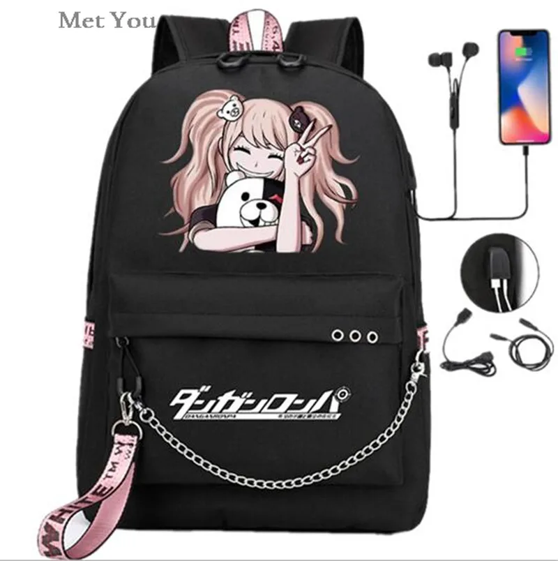 Danganronpa หมีอะนิเมะ USB กระเป๋าเป้สะพายหลัง Casual หนังสือโรงเรียนสีดํากระเป๋า Mochila กระเป๋าเดินทางแล็ปท็อปกระเป๋า W/หูฟังพอร์ต USB