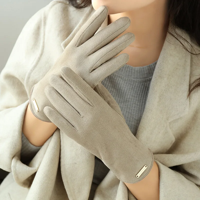 جديد الخريف والشتاء النساء الجلد المدبوغ الدفء رقيقة الصوف لا تنفخ تسرب أصابع صدفي الدراجات قفازات أنيقة الموضة