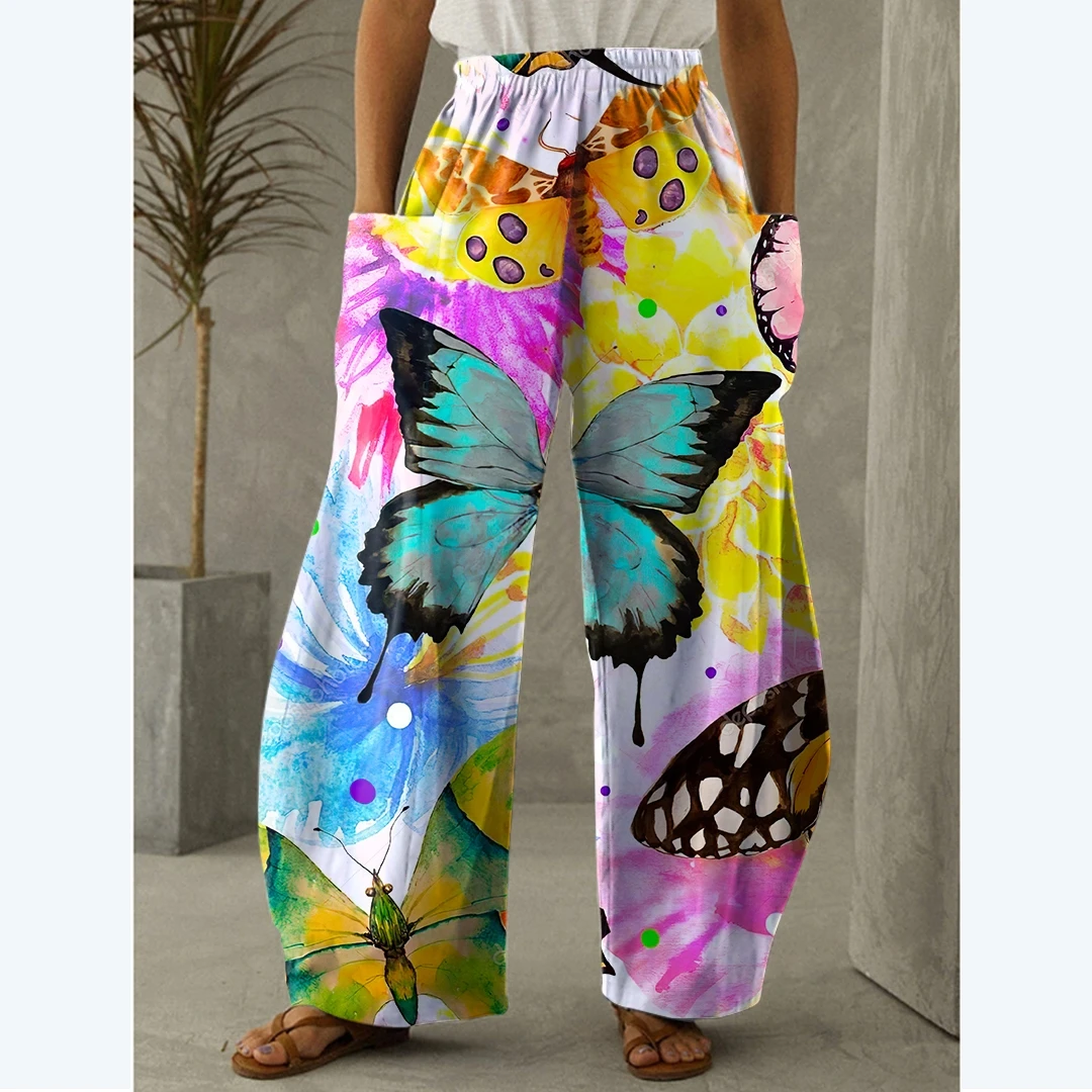 Casual loose pants with butterfly 3D print, Bohemian retro beach outfit, oversized pants, spring/summer