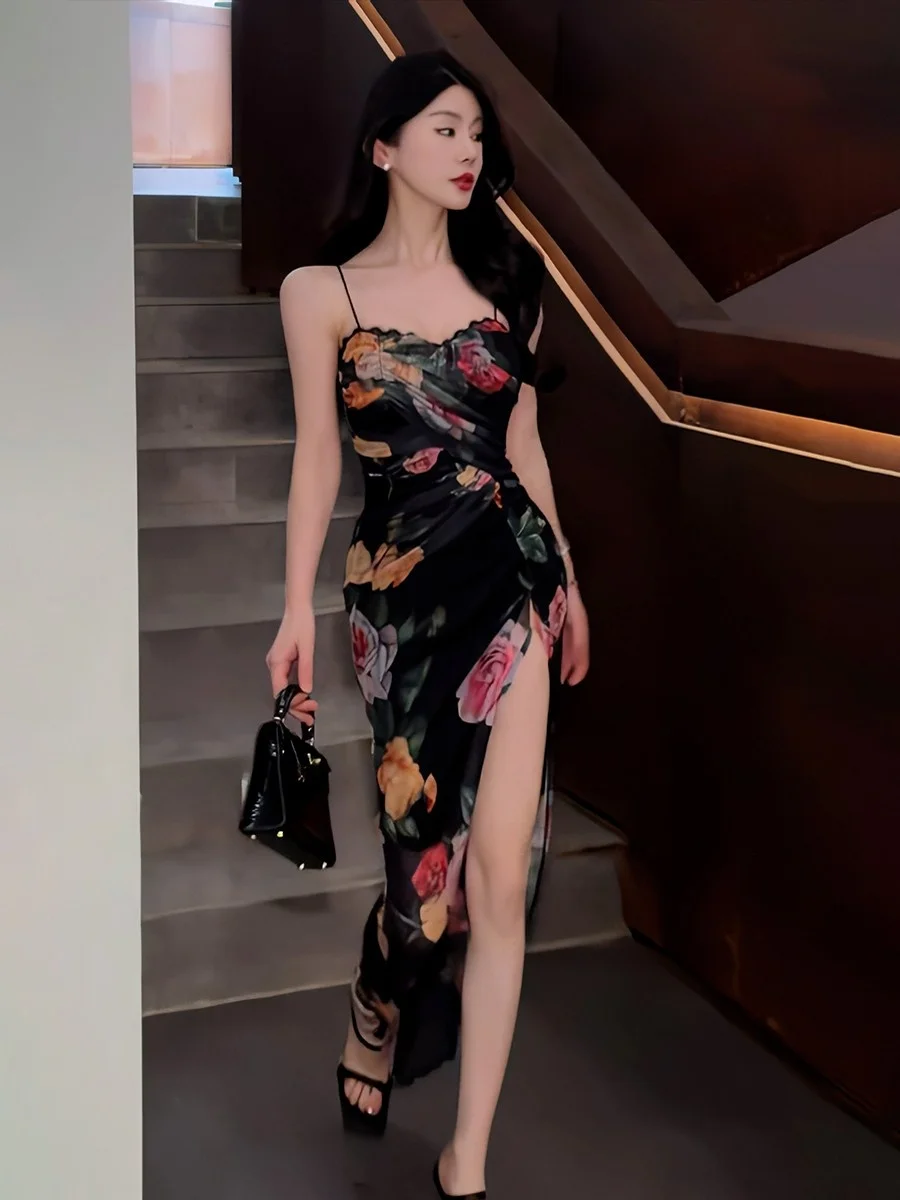 Sukienka damska letnia w stylu retro z kwiatowym wzorem, nowa, seksowna, wyszczuplająca, długa, z wysokim stanem, rozcięciem i zamkiem błyskawicznym...