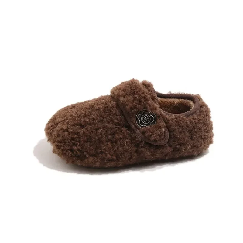 Toddler Fuzzy Fleece Slippers Winter Shoes, Kids Warm Closed Back Slippers with Rose Button, Indoor Shoes for Baby Girls Boys