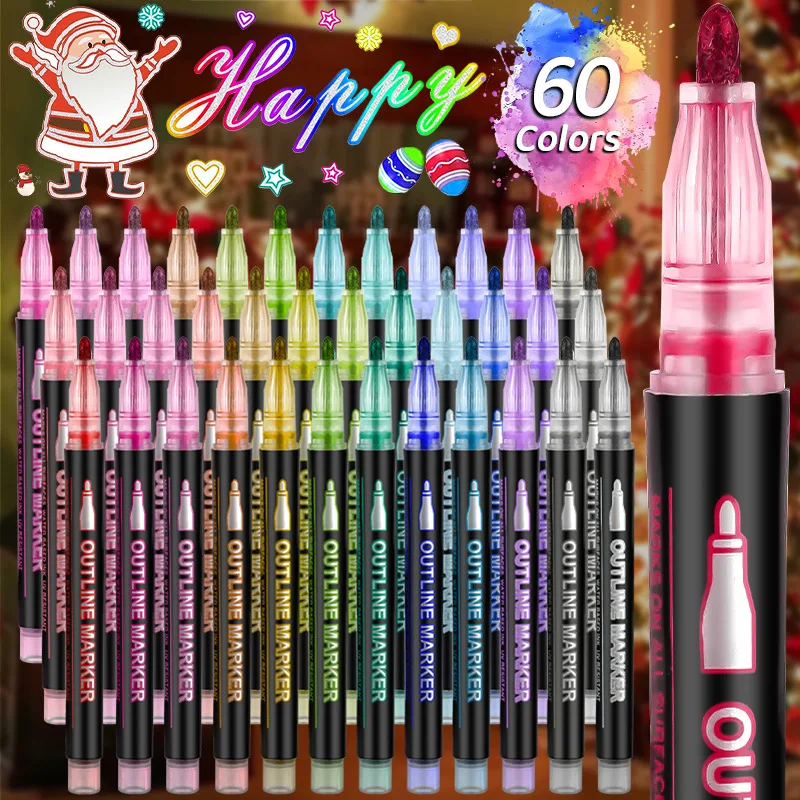 أقلام مخططة متعددة الوظائف لامعة بخط مزدوج تخطيط ذاتي 8/12/24/36/48/60 لون قلم رسم لامع علامات معدنية #2