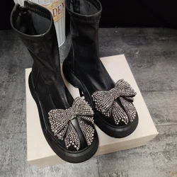 Womens Round Toe Rhinestones Big Bowknot Ankle Boots Platform Mid Heel Shoes Stretchy Black X-mas Gift