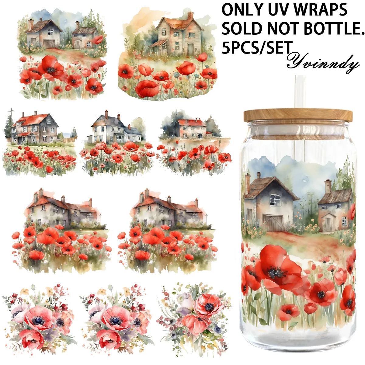 5 Stück/Set Aquarell-Mohnblumen-Glasbehälter, 16OZ, UV-DTF, hochselbstklebend, geeignet zum Dekorieren von Tassen und Flaschen