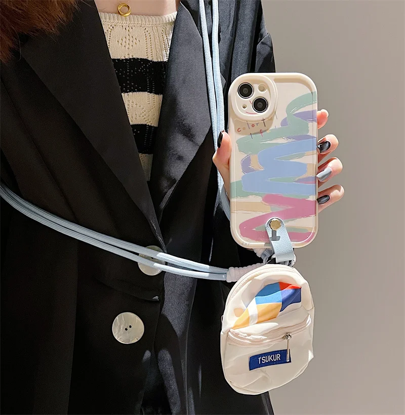 Mini mochila con pintura al óleo de Graffiti, funda para teléfono o IPhone 16 Pro Max 16E 14 12 13 11 15 PRO X XR XS, funda con cordón suave