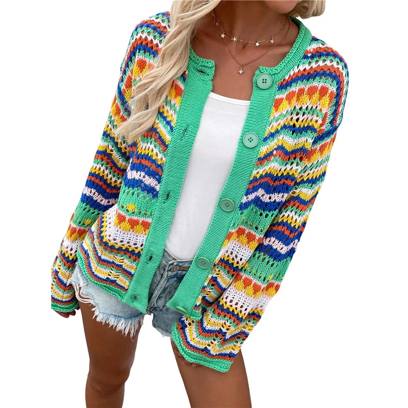 

ABKP-Женский разноцветный полосатый вязаный крючком кардиган с круглым вырезом и расклешенными рукавами на пуговицах Y2K свитер пальто