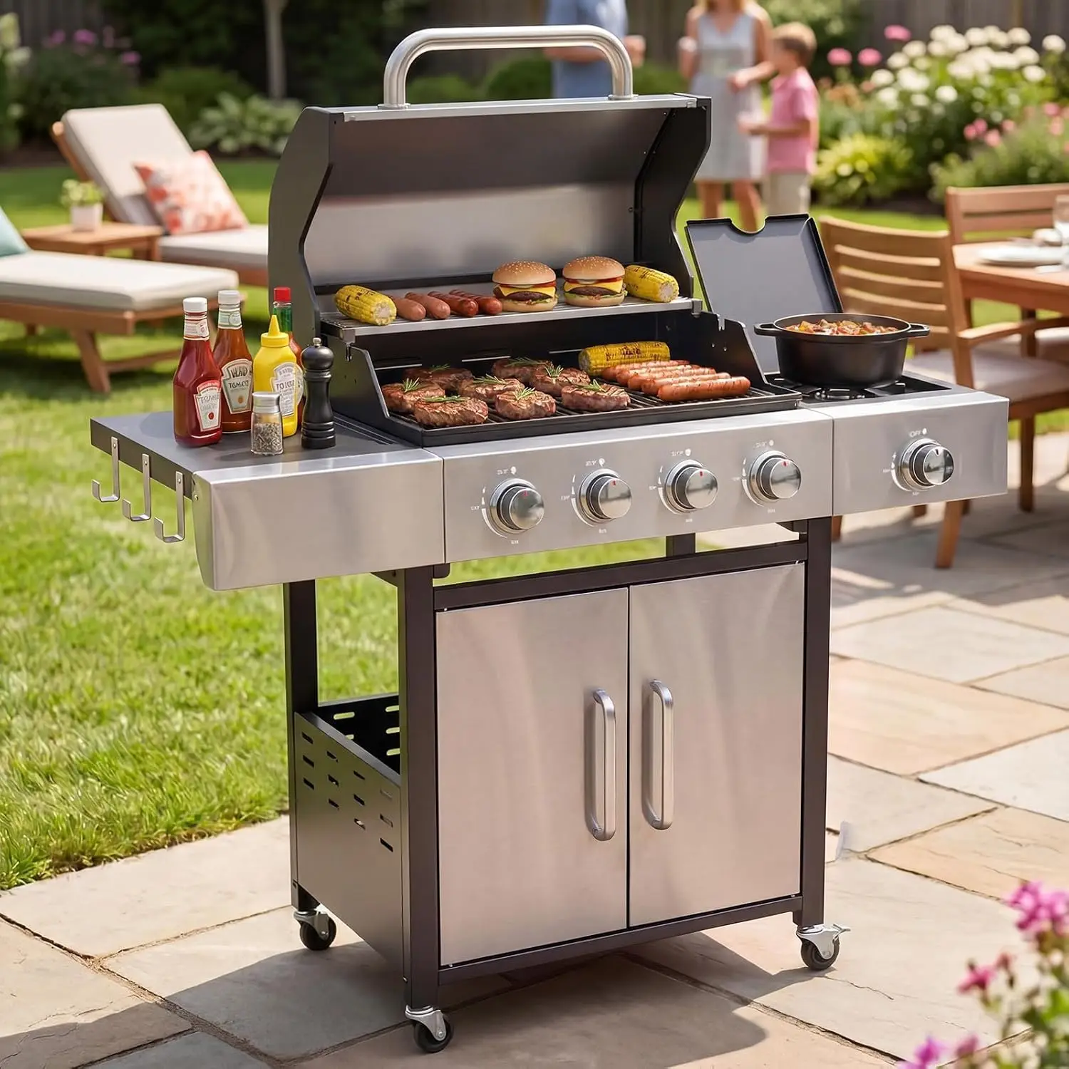 4-Burner 49000 BTU Propane Grill with Side Burner, Black & Silvery Stainless Steel Gas Grill, Heavy-Duty Cooking Grates