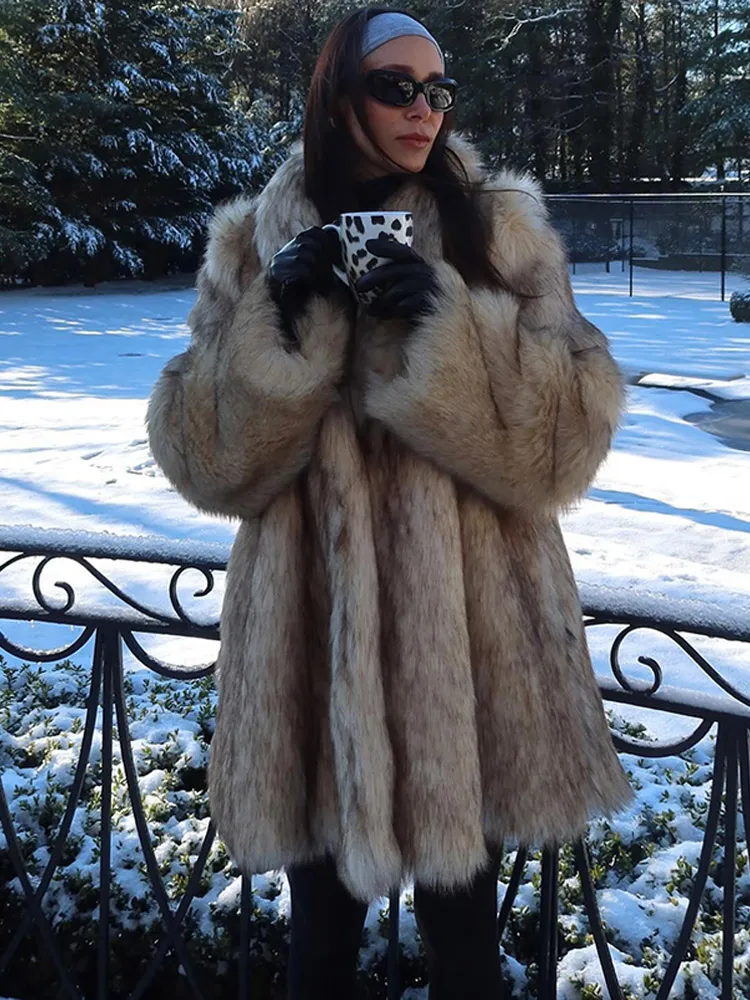 Fashion Lapel Women Thick Warm Long Faux Fur Jacket Elegant Long Sleeve Loose Cardigan Overcoat Winter Lady Chic Street Coats