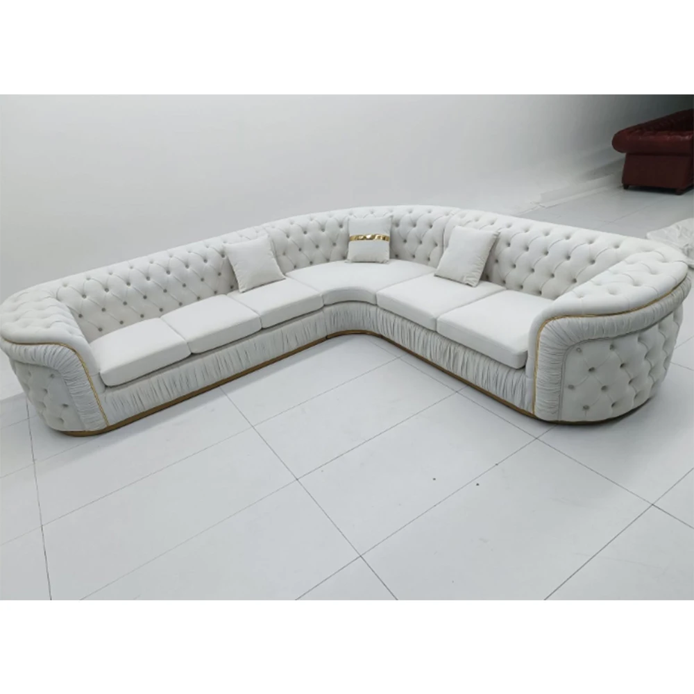 

Luxury Chesterfield Sectional Sofa Set with Cloth Buttons and Fabric Modular Couch with Gold Stainless Steel Base, 3-seater Sofa