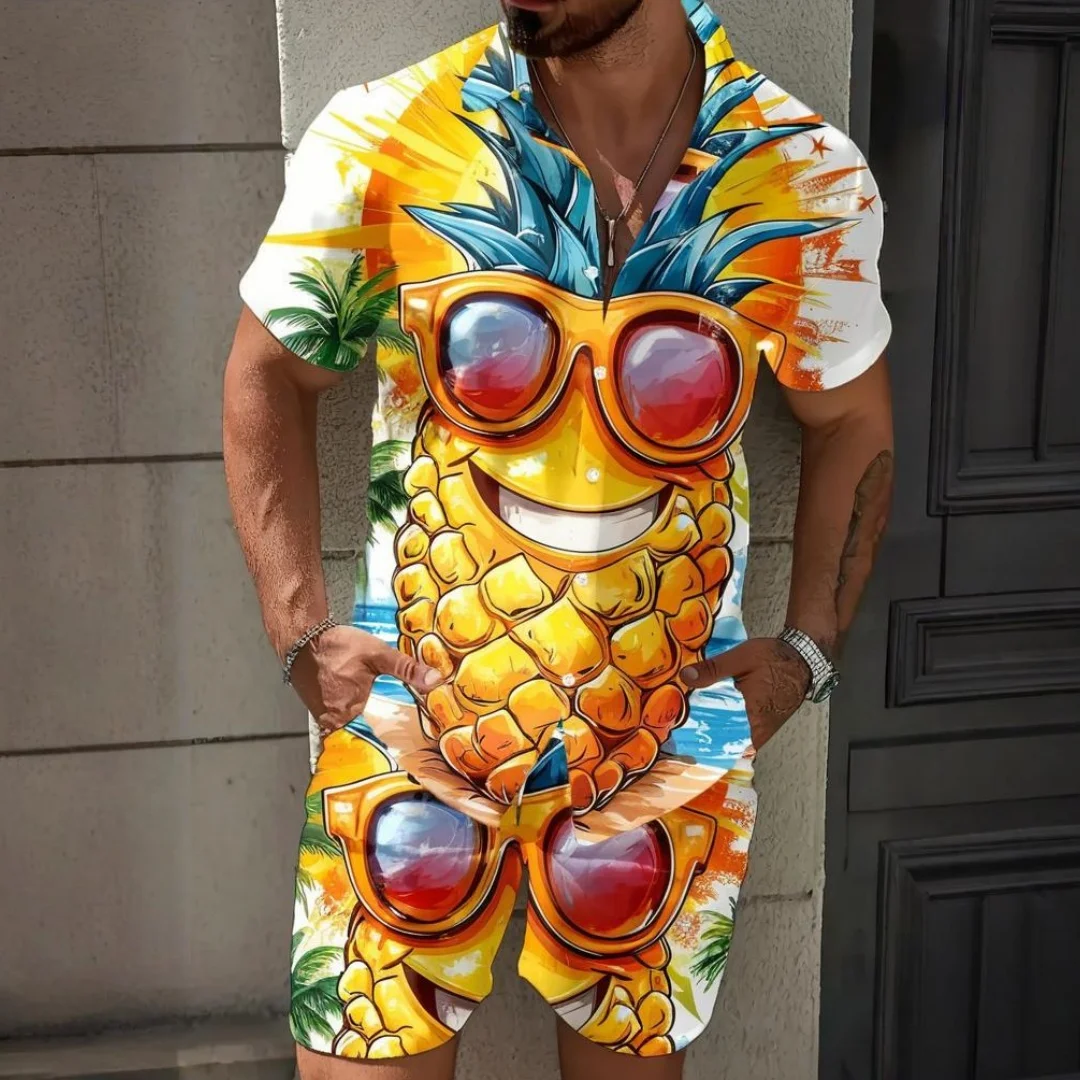 

Two Piece Summer Men's Casual Button Down Shirt Outdoor Beach Shorts 3D Hawaiian Pineapple Print Short Sleeve Men's Clothing