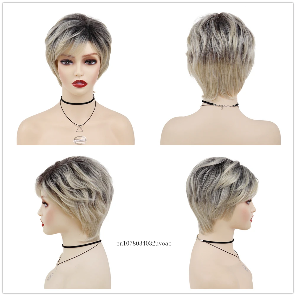 Ombre Blonde Wig with Bangs Synthetic Hair Short Haircuts Mommy Wig Natural Hairstyles Gradient Color Old Lady White Woman Wigs