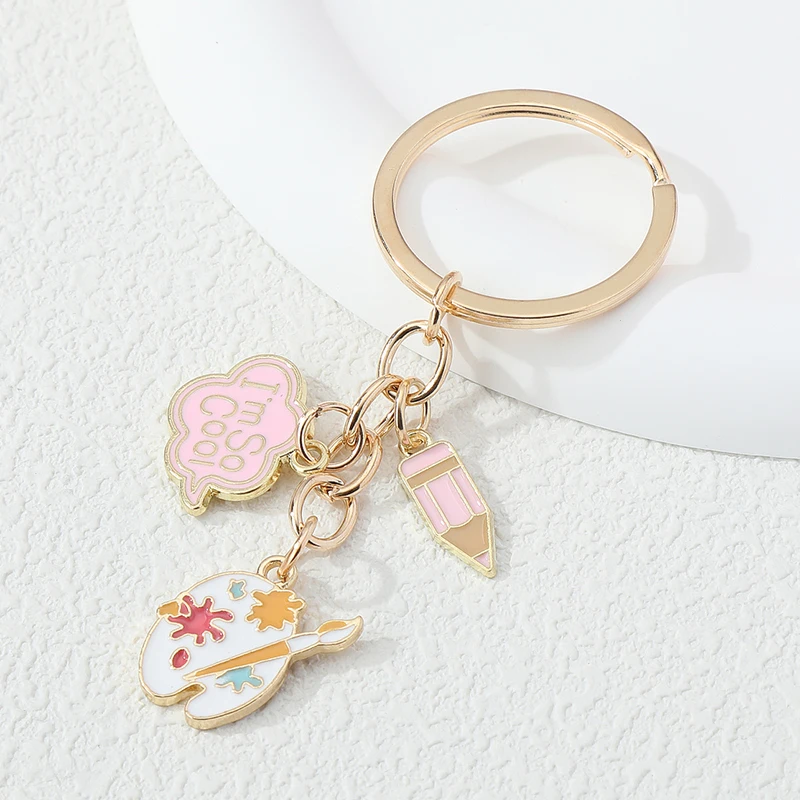 Cute Enamel Keychains Pink Pencil Cloud Drawing Board Key Ring For Women Girls Painter Gift Handbag Decoration Handmade Jewelry