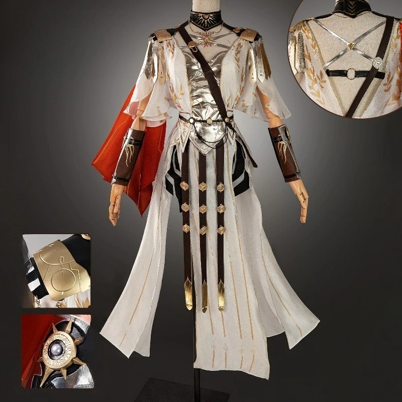 AUGUSTA زي لعبة Wuthering Waves تأثيري الذهب الأبيض لعب الأدوار الزي الأحمر شعر مستعار مجموعة كاملة للنساء حفلة الهالوين