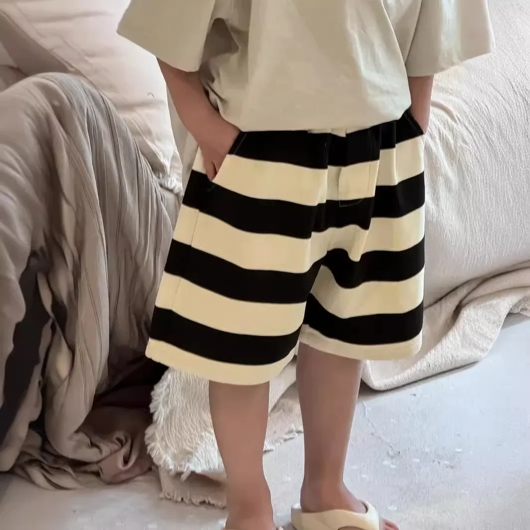 

2025 Summer New Small and Medium Sized Boys' Korean Children's Clothing Letter Loose Coarse Striped Knitted Pants Shorts