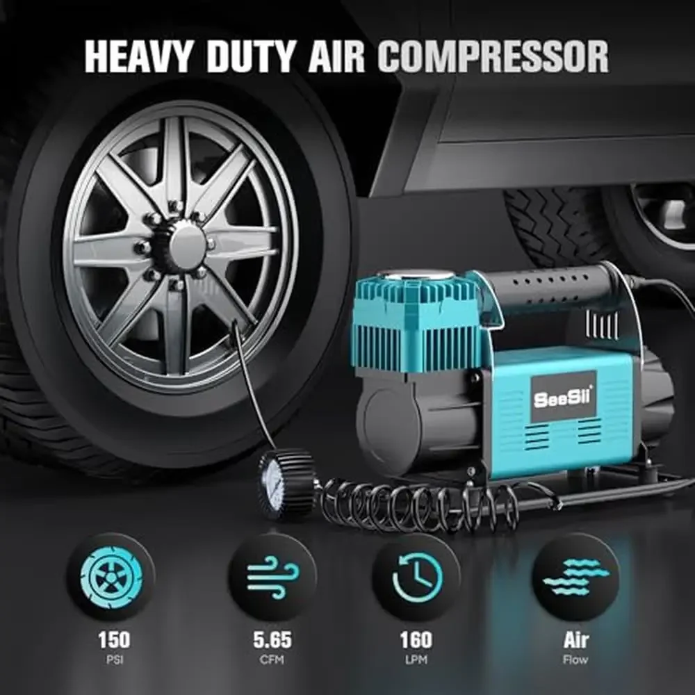 Portable Offroad Air Compressor Kit 12V Heavy Duty Inflator 5.65 CFM Max 150PSI Truck Pump SUV 4x4 Vehicle Long Power Cord