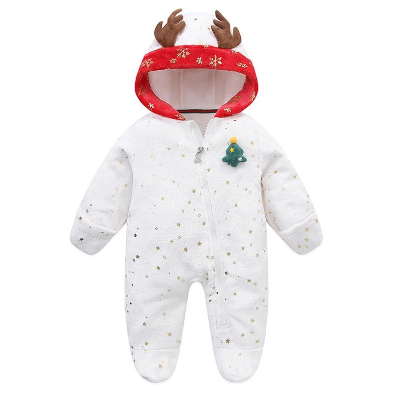 Baby Christmas Romper for Boys Girls Velvet Fleece Newborn Jumpsuit Cartoon Elk Snowflakes Santa Claus Infants One-Pieces Onesie