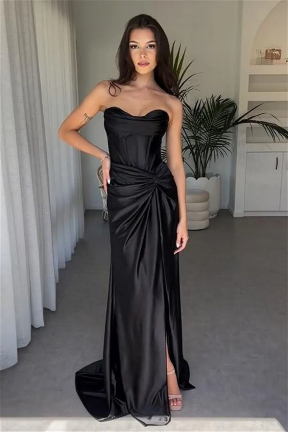 Satin Cowl Neck Ruched Mermaid Prom Dresses With Split Sleeveless Backless Pleated Corset Evening Gowns Long Formal Party Gowns