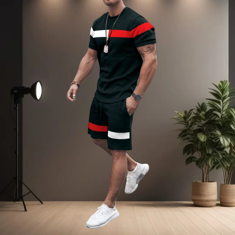 

Summer Men's Fashion Short-sleeved Shorts Simple Color Pattern Printing Casual Street Adult Trend Matching Two-piece Suit