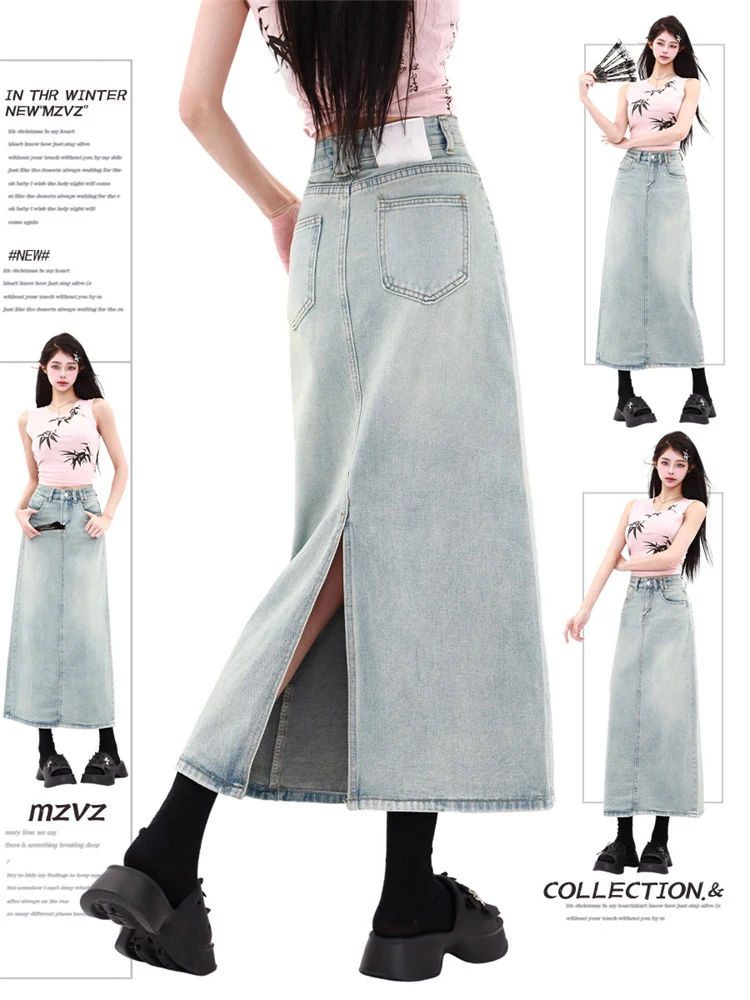 

WCFCX STUDIO Summer New High-waist Slit Denim Skirt For Women Washed Retro A-line Skirt Fashion Straight Long Skirt