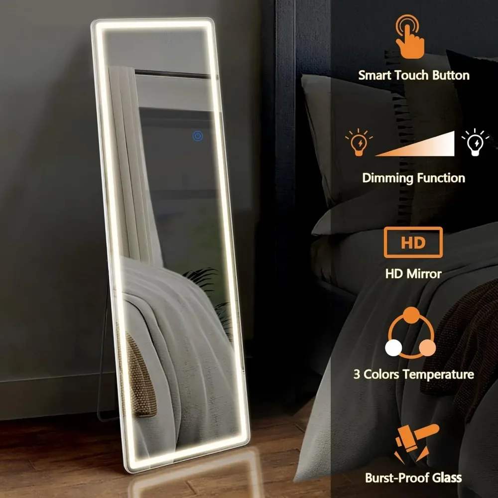 64” X 21” Floor Mirror with LED Light and Stand，Wall Mounted Mirror with Dimming & 3 Color Lighting，Full Body Mirror