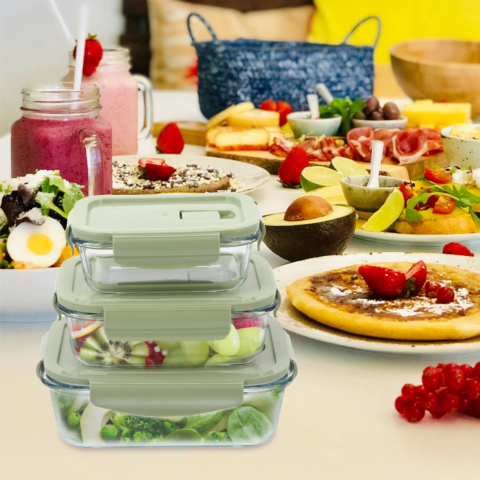 

3Pcs Glass Compartments Bento Box Chemical Resistant Heatproof Leakproof School Office Lunch Container Bento Box