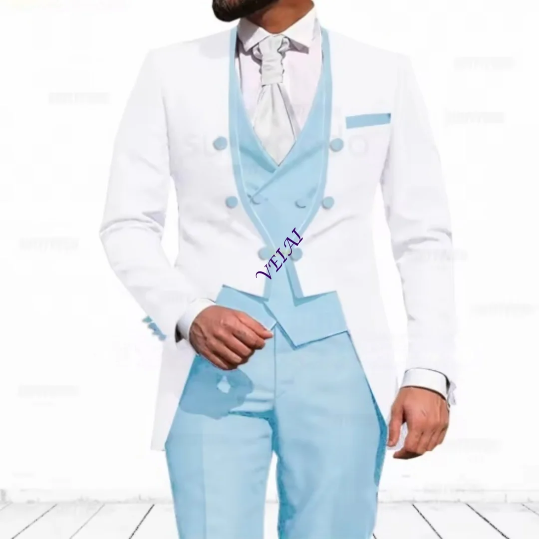 Customized Sky Blue 3-Piece Suit for Men Elegant Slim Fit Blazer Vest Pants Set for Formal Wear Birthday Party Even