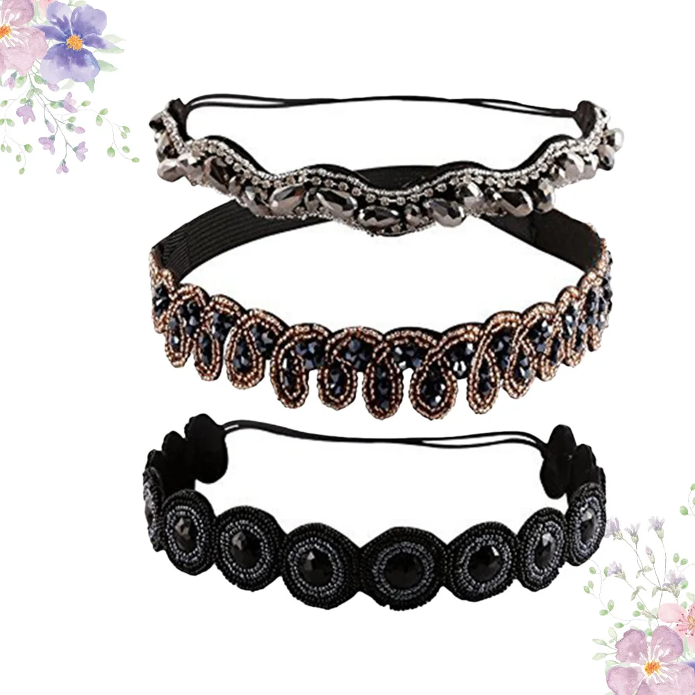 

3 шт., повязки на голову с кристаллами в стиле ретро, аксессуары для волос со стразами, противоскользящий модный декор для женщин и девочек, черный, серый, синий