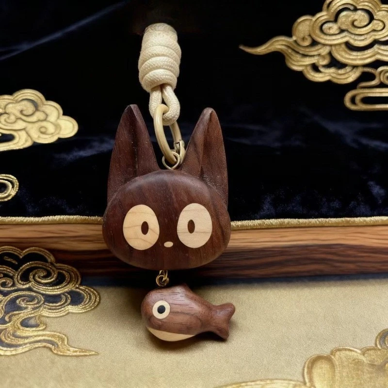1 PC Wood Carved Cat & Fish Pendant With Tassel Cute Animal DIY Keychain Portable Bag & Wenwan Accessory Unique Birthday Present
