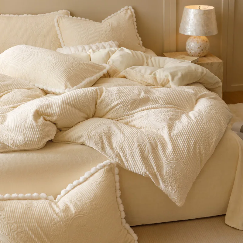 Autumn Winter Thickened Carved Milk Fleece Bed Four-piece Set Class A Antistatic Quilt Cover Bed Sheet Pillowcase Bedding Set 4