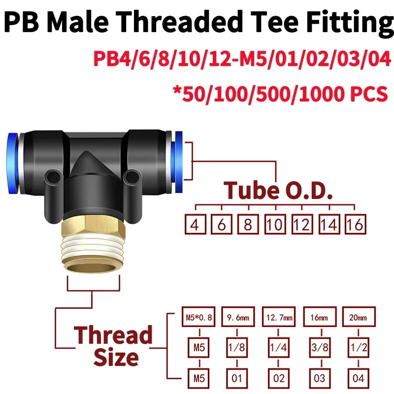 PB Pneumatic Quick Connector T Shape Tee Air Pipe Fittings Hose BSPT Male Thread Pipe Coupler,PB4/6/8/10/12-M5/01/02/03/04