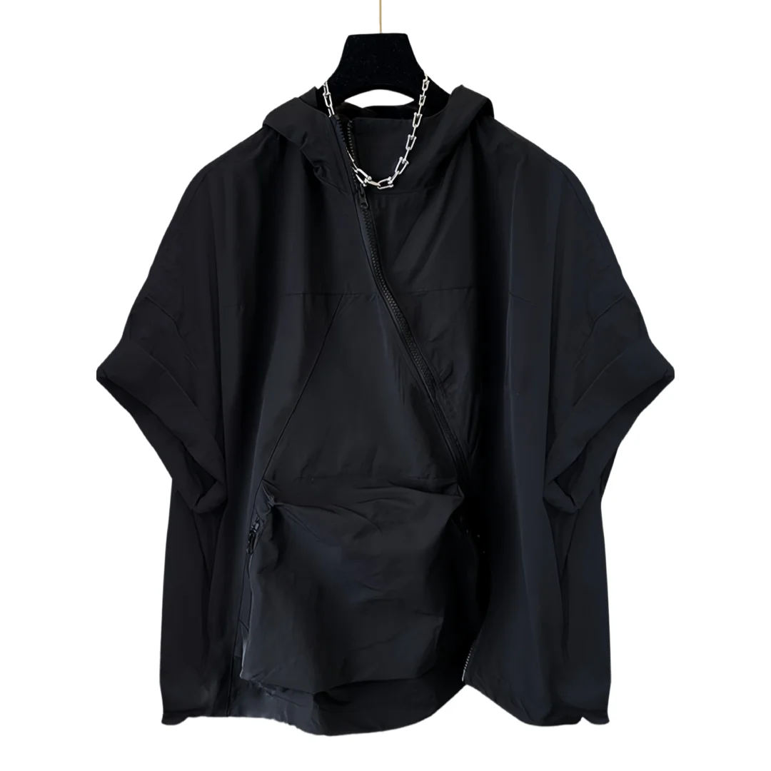 2026 New Summer Men's Korean Style Zip Up Hooded Short Sleeve T Shirt Loose Cargo Top With Big Pockets For Daily Casual Wear