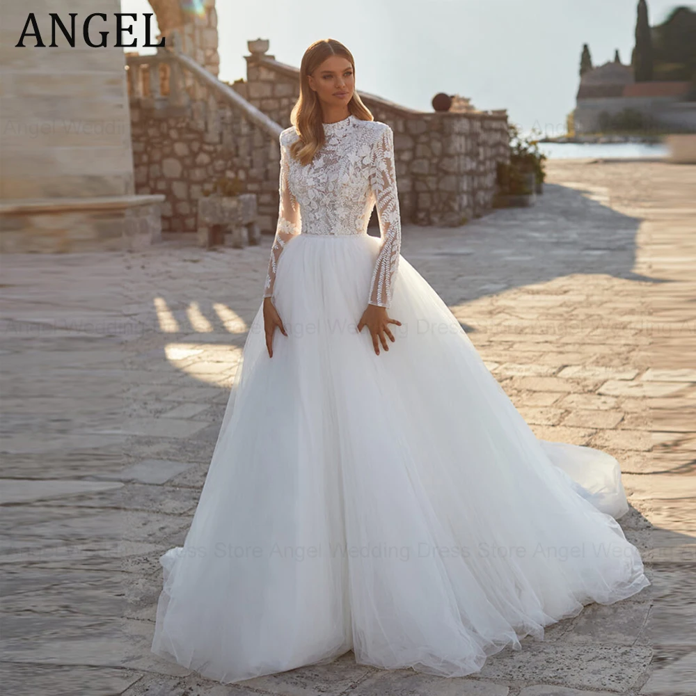 

ANGEL Grace Pretty luxury Princess Wedding Dresses Modest O Neck Long Sleeves Muslim Bride Dresses Bridal Gown vestidos de novia