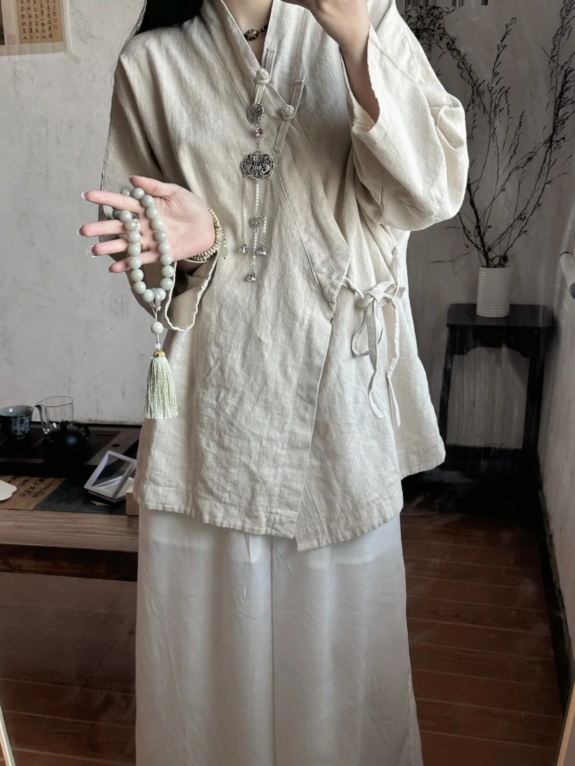 

Spring Summer Chinese Style Cotton Linen Hanfu V-neck Lace-up Tops for Women With Oblique Placket Buttons Retro Shirts Clothing