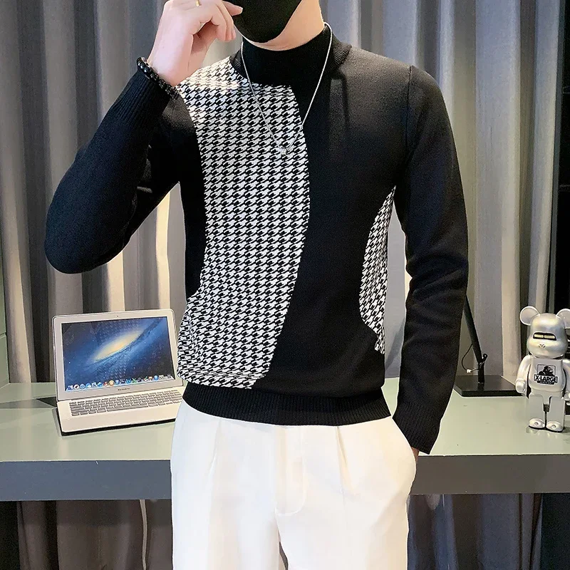 Men Autumn Winter High Quality Knitted Sweaters/Male Slim Fit Fashion Plaid Casual Pullover/Man Long Sleeve High-neck Sweaters